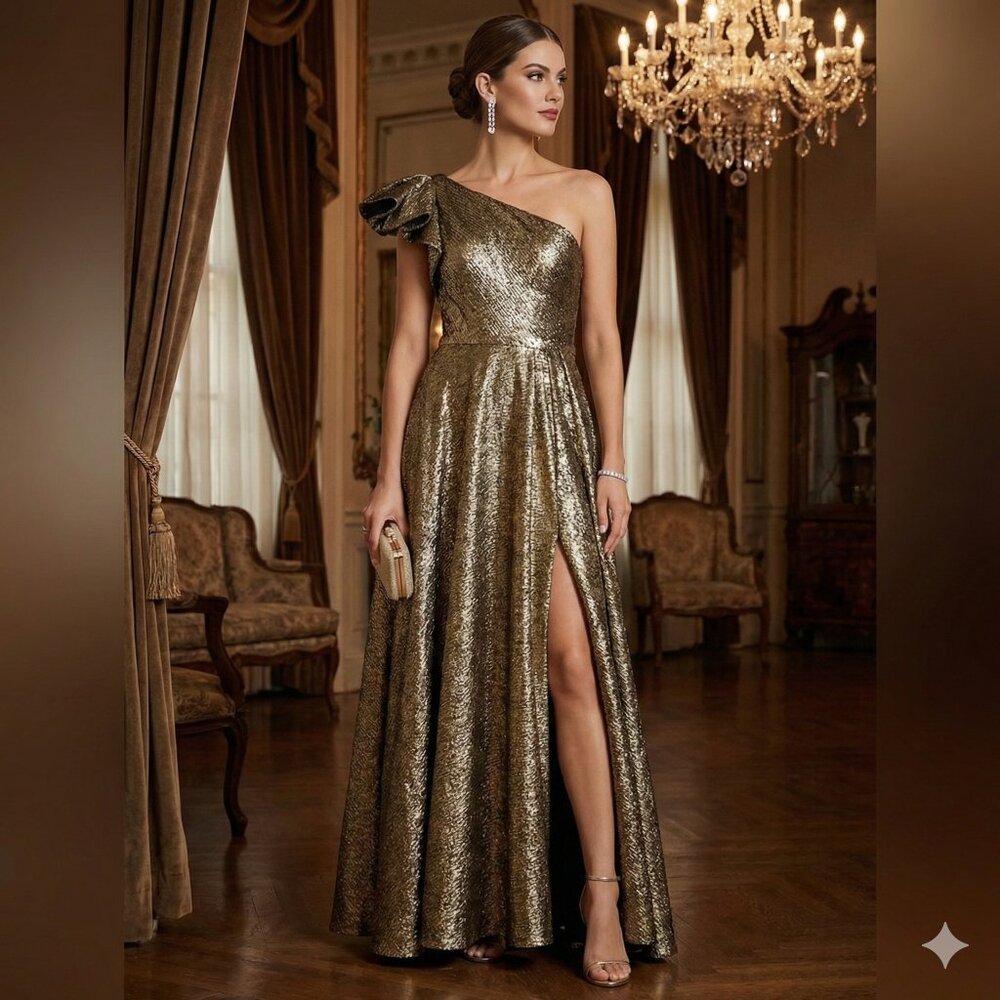 Mac Duggal Womens Size 8 Gold Metallic Antique Bronze Ballgown Gown Dress